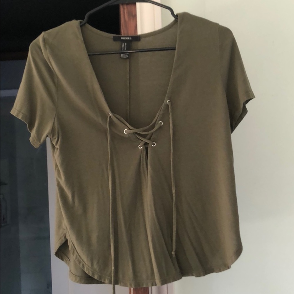 F21 green lace up top, size medium